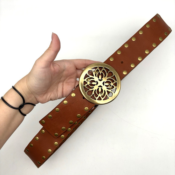 Vintage Y2K Calvin Klein 610664 Brown Studded Leather Brass Medallion Belt L 40\